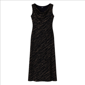 Black Ankle Length Dress with Tan Diagonal Print and Draped Cowl Neckline